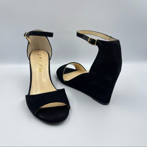 Unisa Black Suede Ankle Strap Wedge Sandals | Open Toe Dress Heel Size 7.5 - Picture 10 of 10